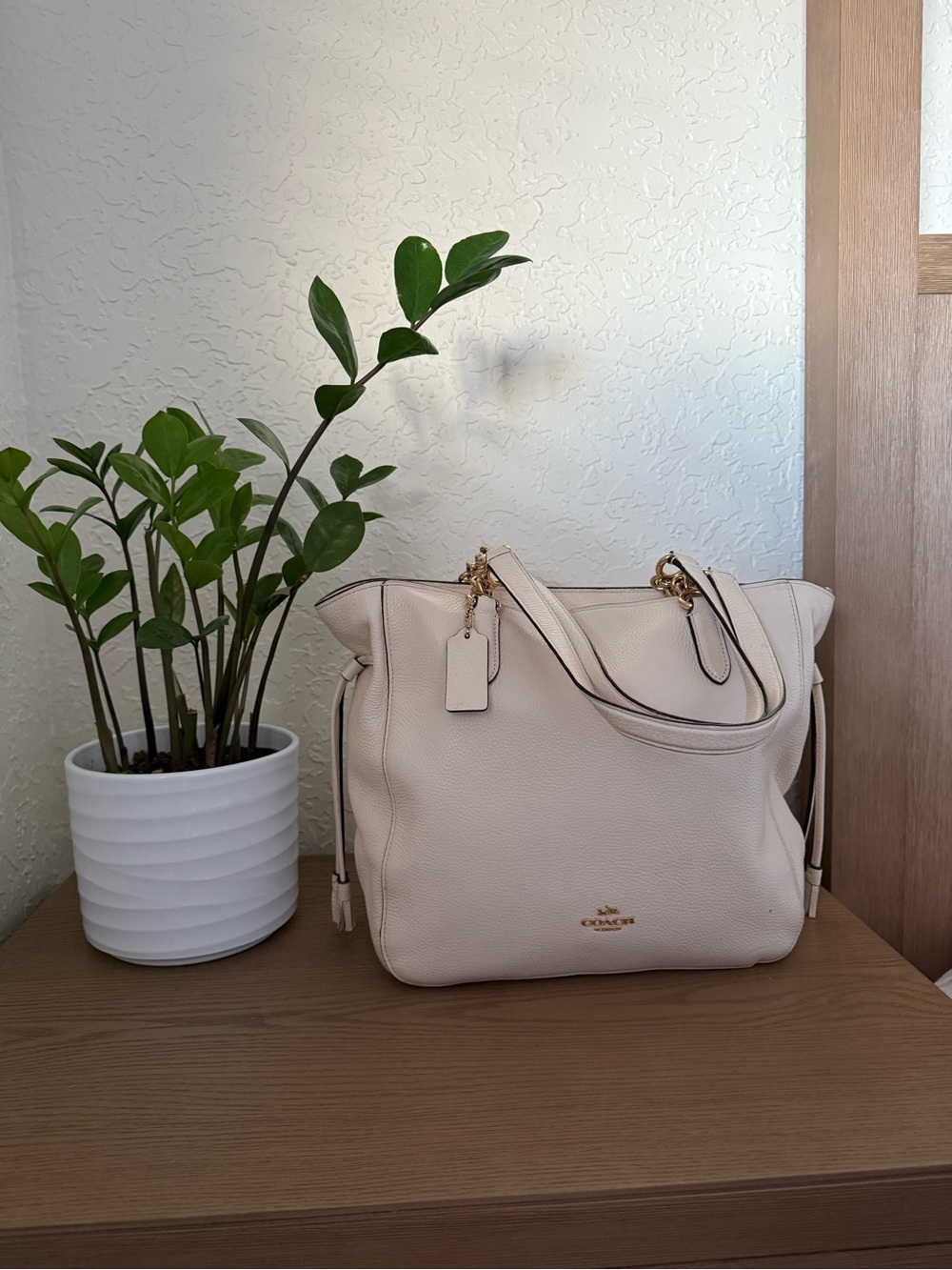 Coach Pebbled Leather Shoulder Tote in Pale Cream